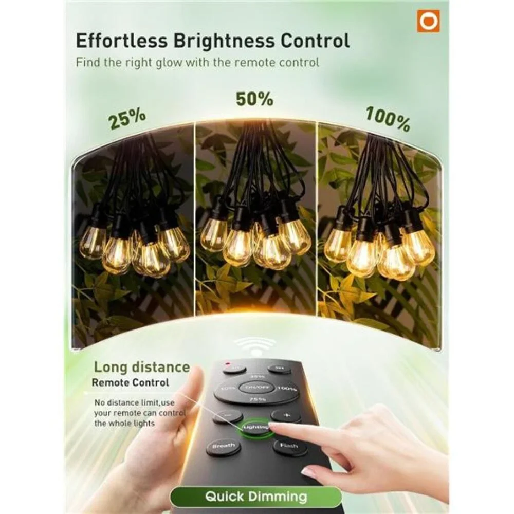 100FT LED Outdoor String Lights, Remote Dimmable Patio Lights with Timer
